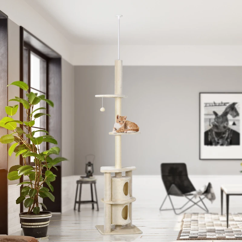 PawHut 5 Tier Floor to Ceiling Cat Tree for Indoor Cats Kitten Climbing Activity Center Scratching Post Play Tower Condo Adjustable Height 240-260cm Beige