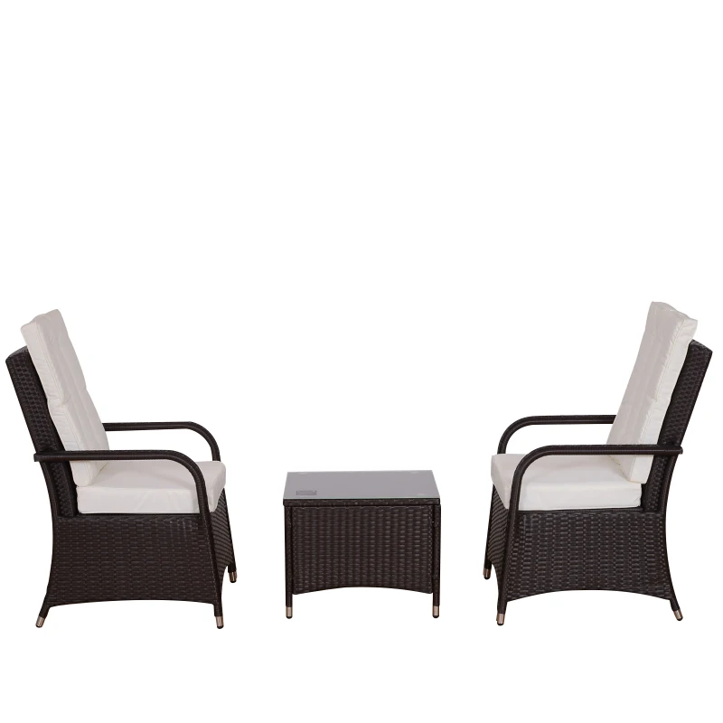 Outsunny 3 Pieces Rattan Bistro Set, Wicker Garden Furniture Set with Aluminium Frame, Cover, Glass Top Coffee Table, Chairs and Cushions for Outdoor, Patio, Balcony, Cream White