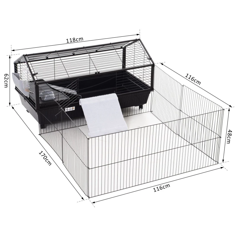 PawHut Small Animal Plastic Cage w/ Metal Wire Removable Run Fence Black