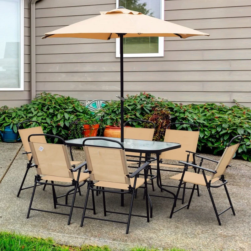Outsunny 8 Pieces Dining Set Furniture Foldable Chair Umbrella Table Beige Garden