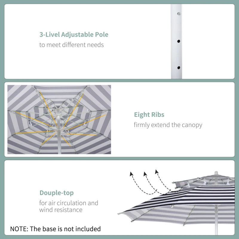 Outsunny Arc. 240cm Beach Umbrella Double-top Canopy Adjustable Height with Carry Bag for Beach Patio Garden Outdoor Blue Stripe