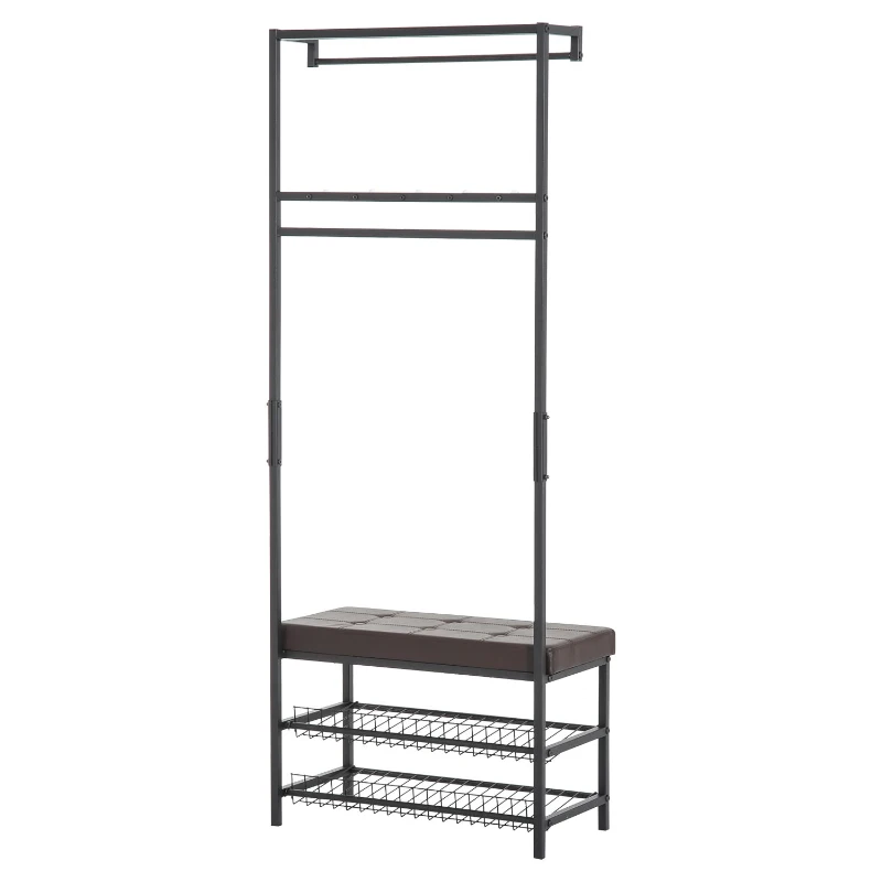 HOMCOM 5 Hook Metal Rail Hallway Coat Hanger w/ 2-Tier Shoe Bench Black