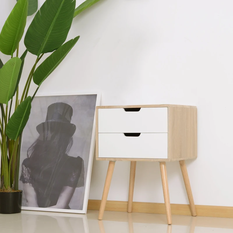 HOMCOM Freestanding Bedside Table with 2 Drawers, Wood Legs, Bedroom Nightstand, Cabinet Storage Organiser Unit, Oak