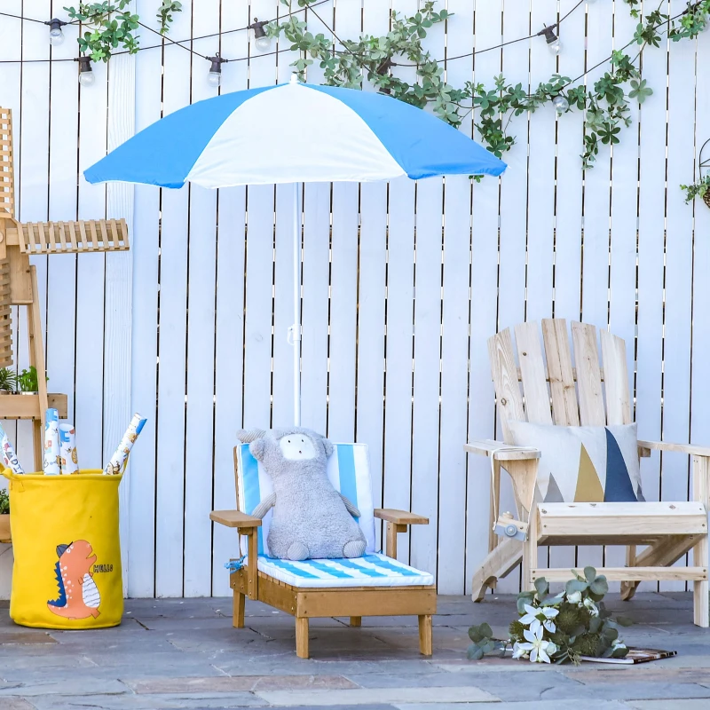 Outsunny Wooden Kids Sun Lounger with Foldable Adjustable Parasol Cushion Outdoor Patio Garden Furniture Blue 90 x 59 x 53cm