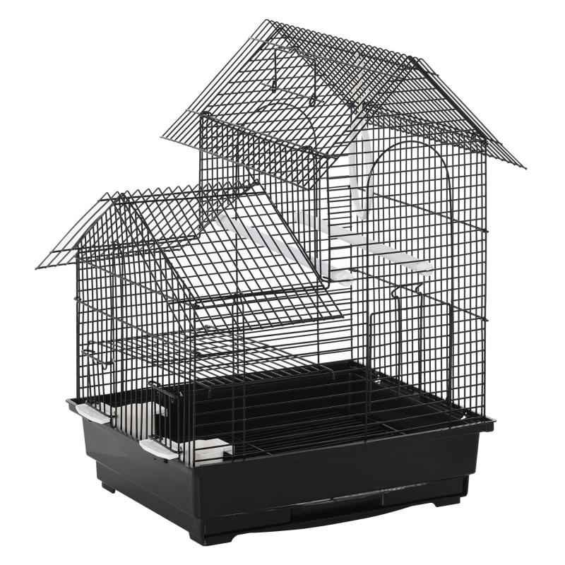 PawHut Metal Bird Cage Parrot Cage w/ Plastic Perch Food Container Swing Ring Handle Small Black