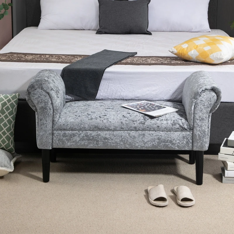 HOMCOM Ice Crush Velvet Fabric Upholstered Bed End Bench Padded Sponge Cushion with Armrests Rubber Wood - Silver-Tone and Grey