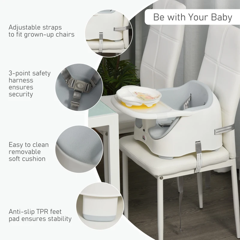 HOMCOM Baby Booster Seat for Dining Portable Toddler Feeding Chair  w/ 3 Point Harness Strap Height Adjustable Removable Cushion Detachable Tray Non-Slip Feet Grey