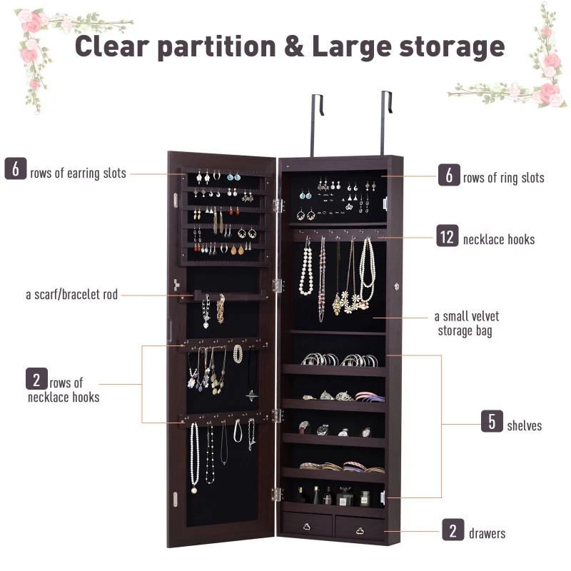 HOMCOM Jewelry Cabinet with Mirror and LED Lights, Lockable Makeup Cosmetics Jewellery Organiser, Mirror with Storage for Bedroom Dressing Room, Walnut