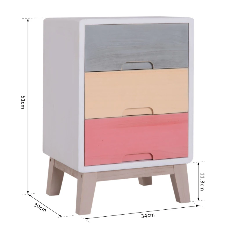 HOMCOM Wooden 3 Chest of Drawers Cabinet Storage Stand Bedside Telephone Table Night Stand Multi-coloured 30D x 51H x 34Wcm