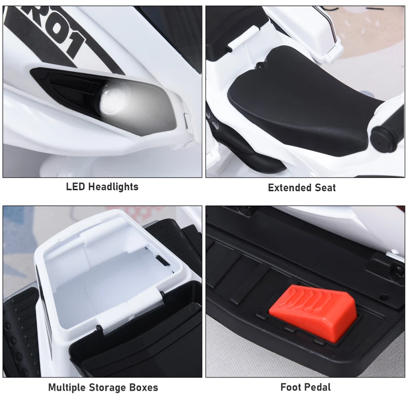 HOMCOM Kids Battery Powered Plastic Ride On Motorcycle Trike White