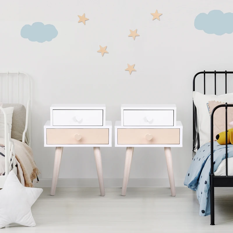 HOMCOM Children Bedside Table Set of 2 w/ Two Drawers Bedroom Kids Storage Cabinet Chest Pink & White 42 x 30 x 57 cm