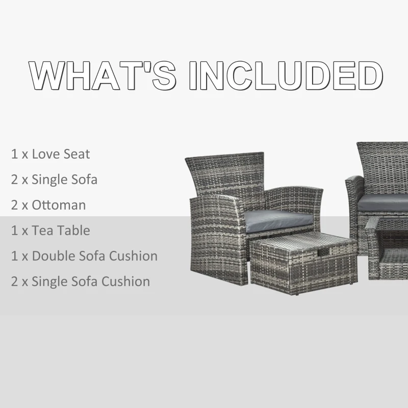 Outsunny 6 PCS Outdoor Patio Furniture Sets All Weather PE Rattan Chair Set Indoor Outdoor Backyard Garden Coffee Table w/ Two Ottoman & Cushions Grey