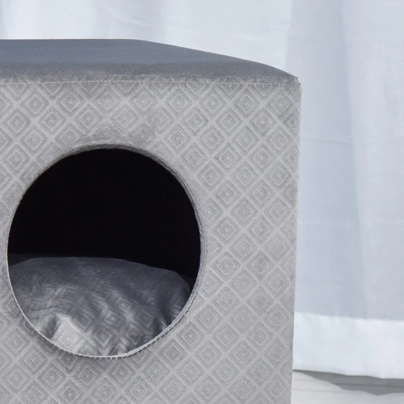 PawHut Elevated Cube Cat Condo Ottoman Bed Pet House Wood Frame Legs Cushion Cat Dog  Home Platform Hutch Grey