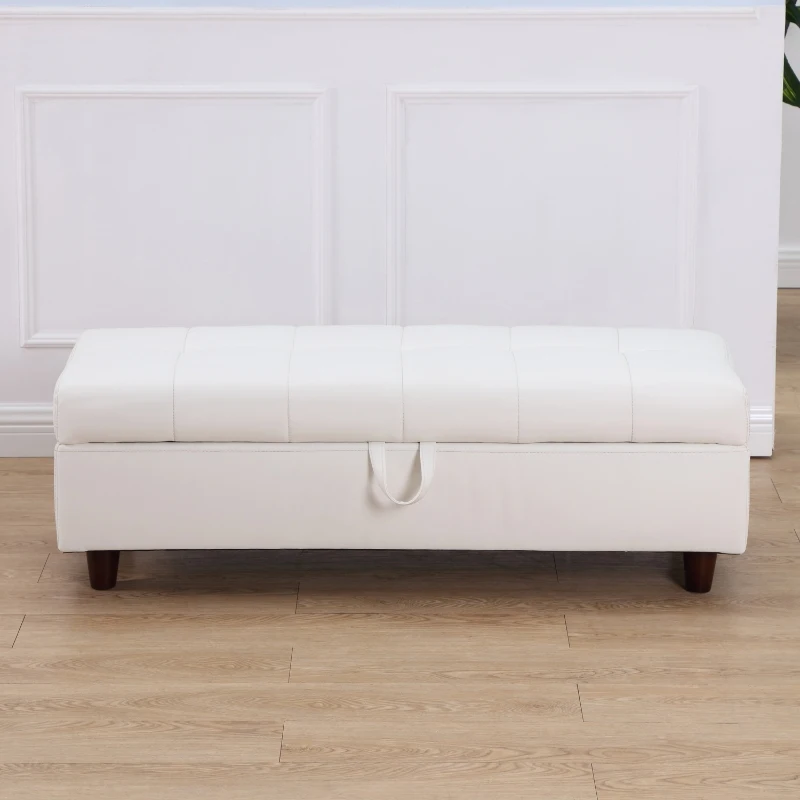 HOMCOM 46" Storage Ottoman Stool Bench in PU Leather for Bed End or Hallway (White)