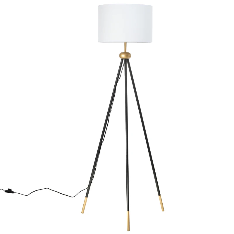HOMCOM Modern Floor Lamp Free Standing Cloth Lampshade E27 Lamp Holder Metal Tripod Living Room Lamp Black + Gold 56 x 56 x 137cm