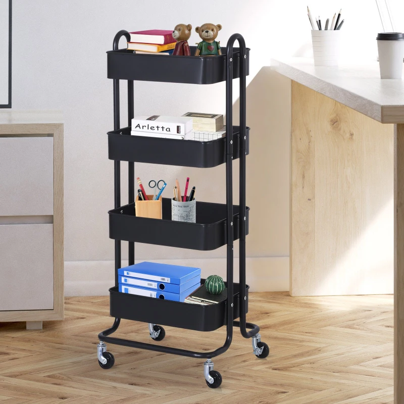 HOMCOM Metal 4-Tier Mobile Storage Serving Trolly Rolling Utility Cart Organiser Kitchen Mesh Bottom Black