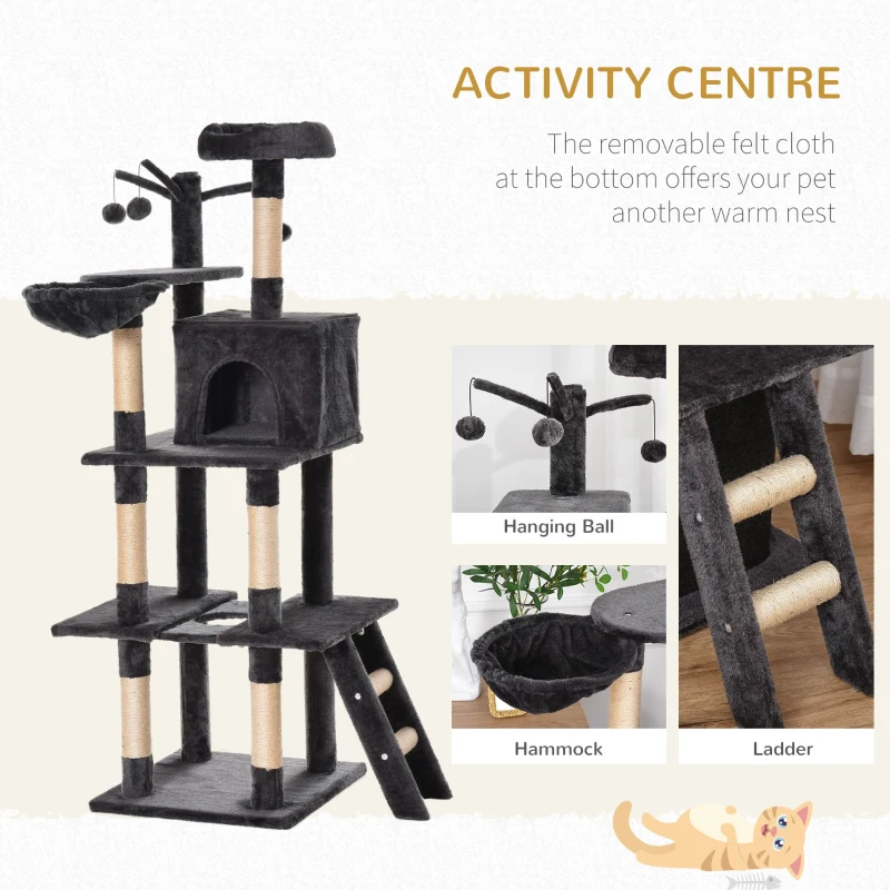 PawHut Cat Tree Tower for Indoor Cats 150cm Climbing Kitten Activity Center with Sisal Scratching Post Perch Hanging Ball Toy Hammock Ladder Double Condo Dark Grey