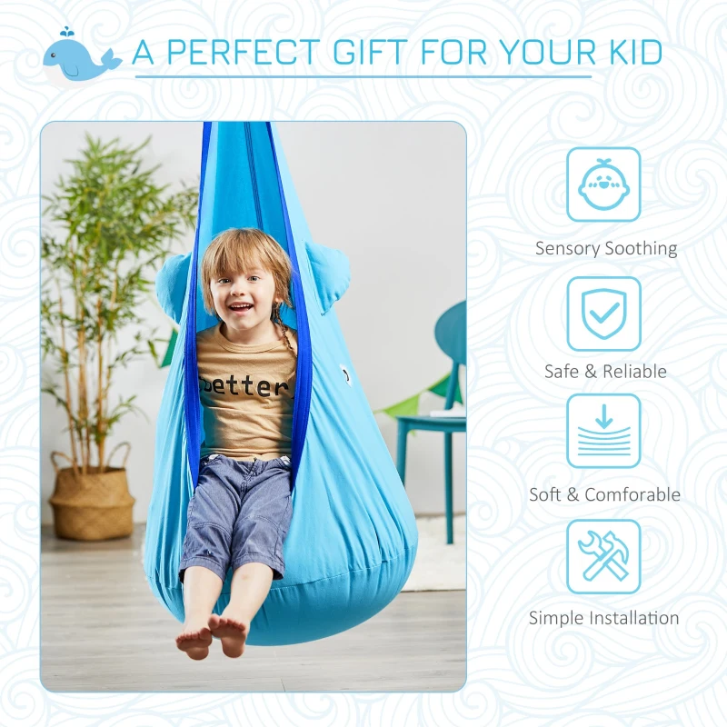 Outsunny Kids Pod Swing Seat Sensory Hammock Children Hanging Chair with 100% Cotton Canvas Hardware for Indoor and Outdoor Use Blue