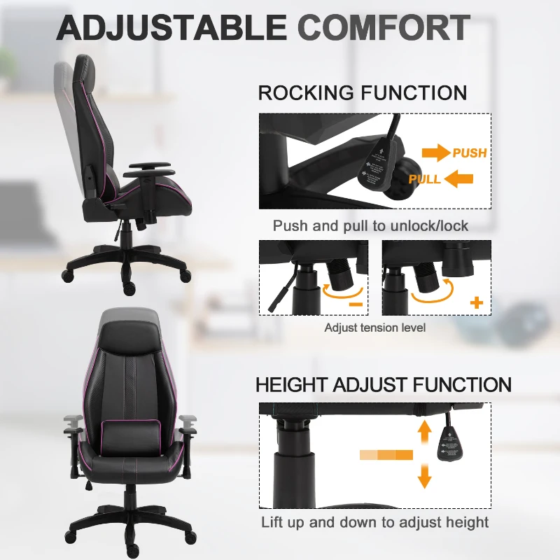 Vinsetto Racing Gaming Chair Adjustable Height Metal Frame w/ Wheels, Pillow Suitable For Home Office - Black&Purple