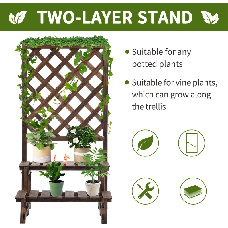 Outsunny 2 Tier Wooden Plant Stand with Trellis, Flowerpots and Vine Plants Indoor & Outdoor Display Rack Great Decoration Garden Patio Balcony Yard Corner 60 x 41.5 x 117 cm