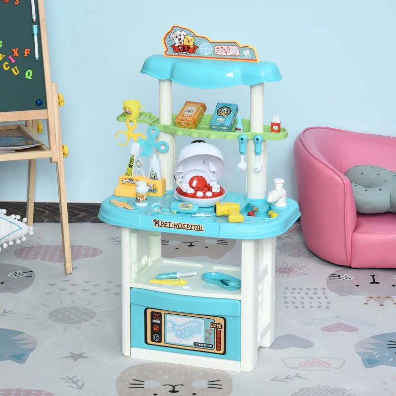 HOMCOM 43 Pcs Kids Children Vet Dentist Hospital Playset w/ Lights Water Tap Plastic Teeth Accessories Medical Toy Centre Pet Doctor Kit
