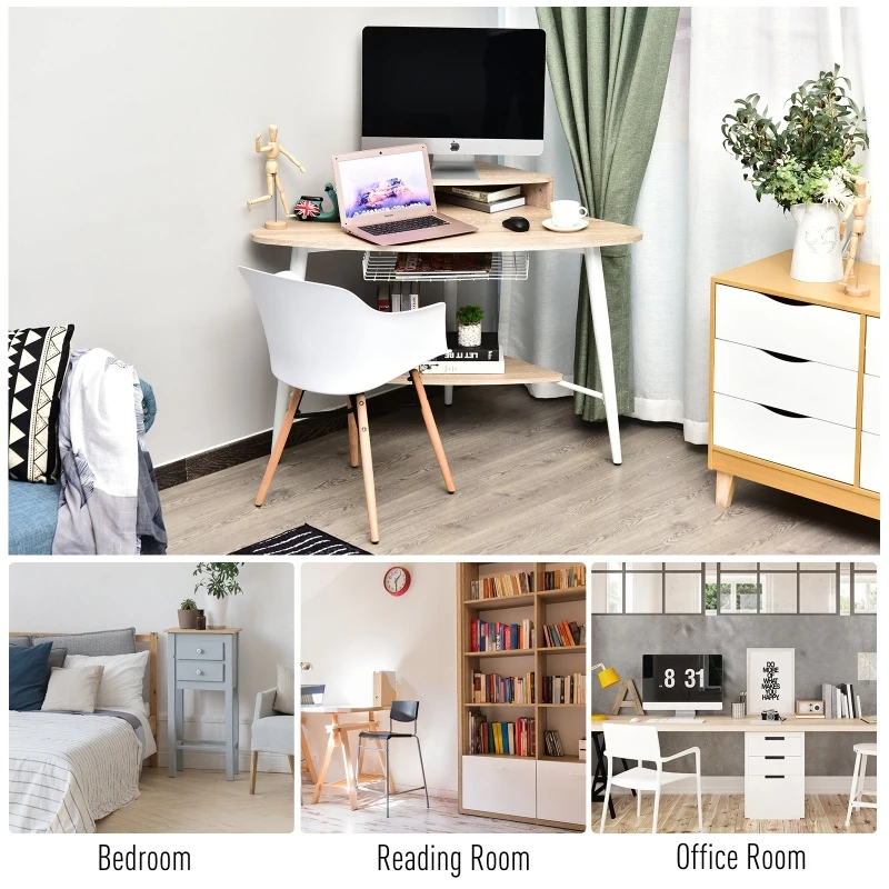 HOMCOM Corner Home Office Computer Desk w/Mesh Basket Oak