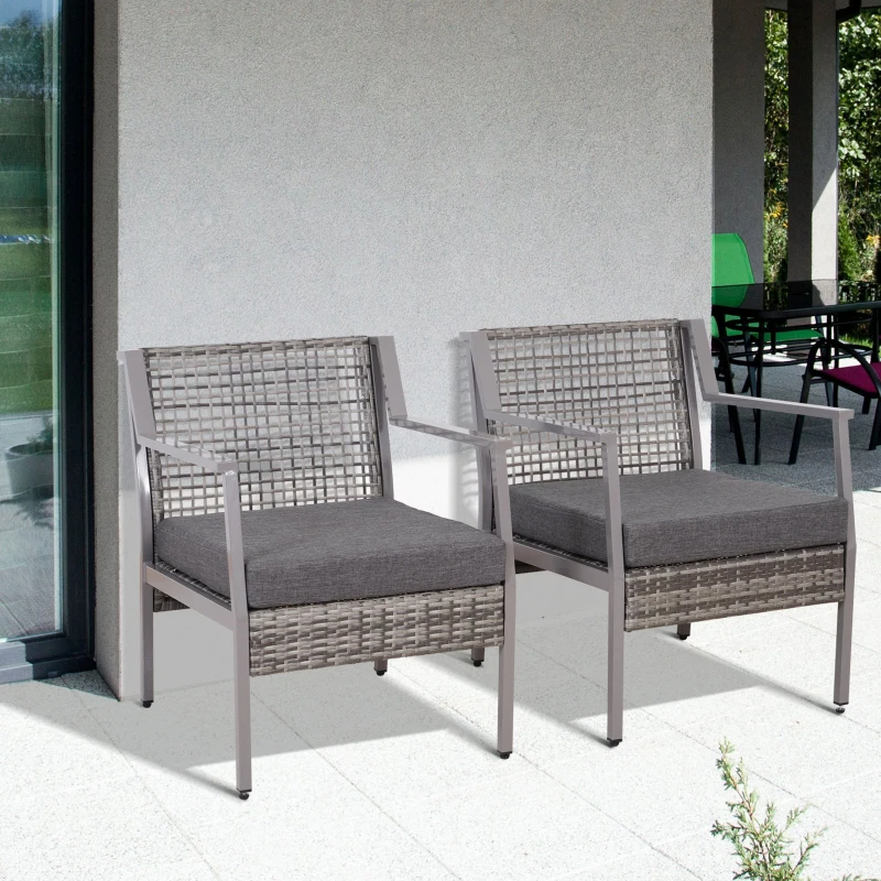 Outsunny 2Pc Rattan Dining Chairs Outdoor Patio Garden Conversation Wicker Sofa Arm All Weather Furniture w/ Cushions