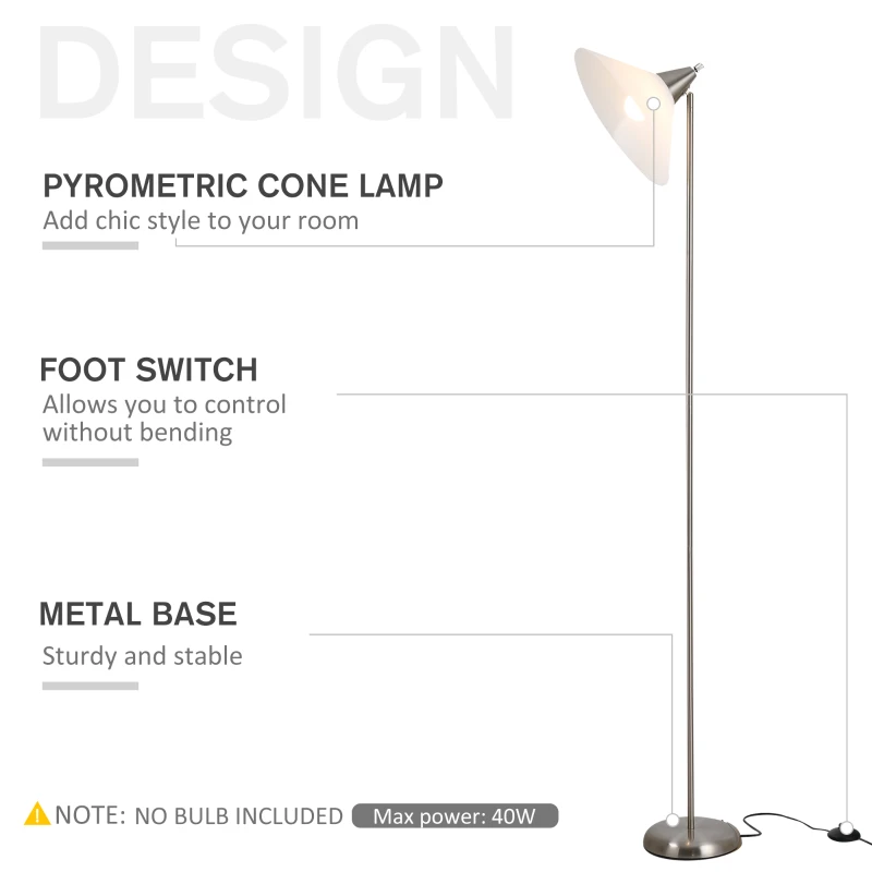 HOMCOM 180cm Floor Lamp Moving Cone Lampshade w/Steel Pole Round Base Home Living Room Elegant Style Office Silver