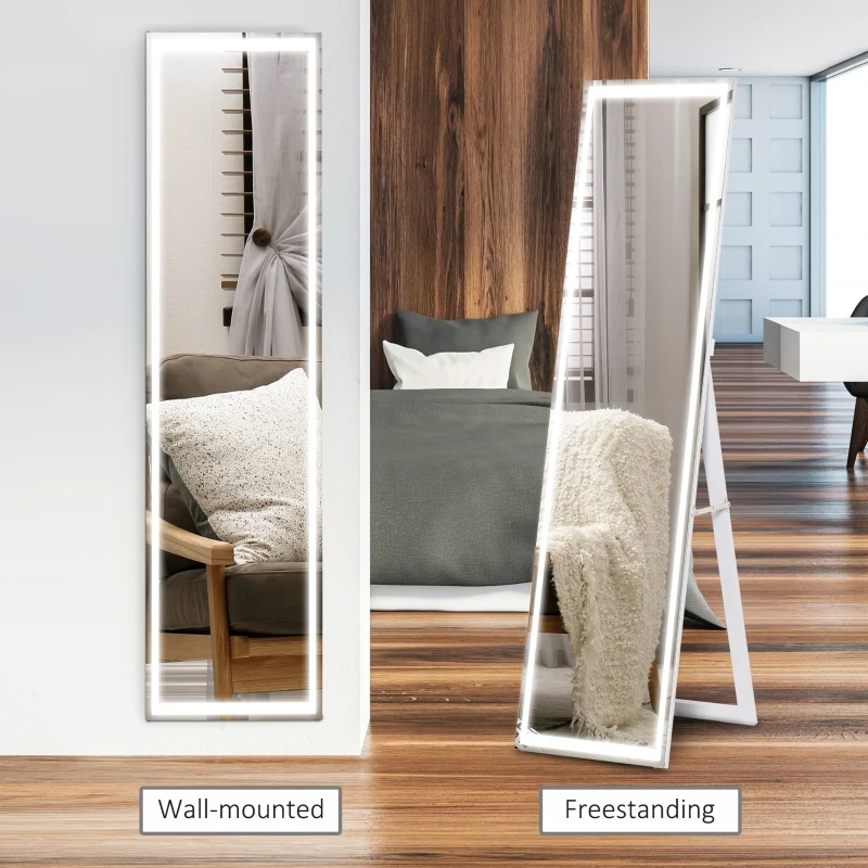 HOMCOM Full-Length Mirror with LED Lights, Free Standing Floor Mirror, Wall Mounted Hanging Mirror, Lighted Vanity Dressing Mirror for Bedroom