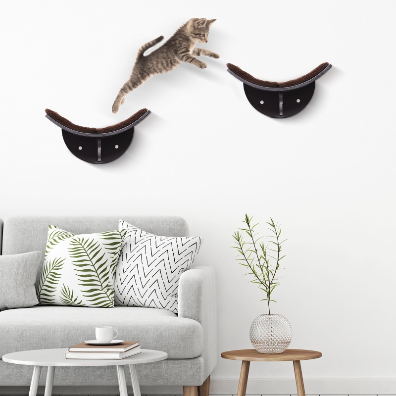 PawHut Cats Wall-Mounted MDF Shelf Bed w/ Fleece Cushion Brown