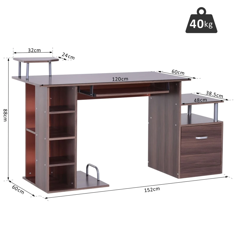 HOMCOM 152Lx60Wx88H cm Workstation W/Drawer, Shelves-Brown