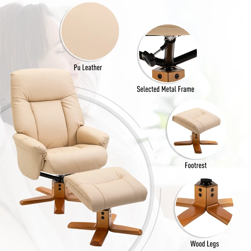 HOMCOM PU Leather Recliner Armchair & Footrest 2 Pcs Duo Set Beige