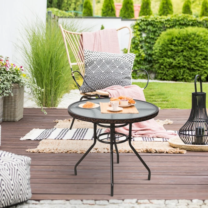 Outsunny Patio Rattan Round Table All Weather Outdoor Dining Wicker Table w/ Umbrella Hole for Garden Balcony Poolside Glass Top Brown