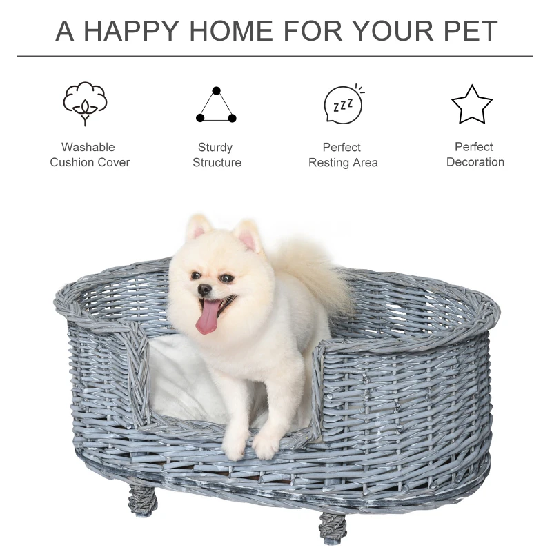 PawHut 70x40cm Woven Wicker Dog Bed Basket Pet Cat Sofa w/ Cushion Elevated Base Stylish Furniture Small Grey