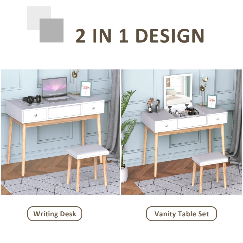 HOMCOM Dressing Table Set with Flip Top Mirror and Cushioned Stool, Makeup Vanity Dressing Table Dresser Desk with 2 Drawers and Storage Grids for Bedroom, White