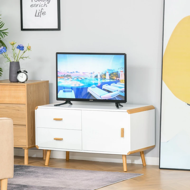 HOMCOM Modern TV Stand for TVs up to 45'' Flat Screen, TV Console Cabinet with Drawers and Cupboard, Cable Hole, Home Entertainment Center, Living Room Bedroom and Office, White