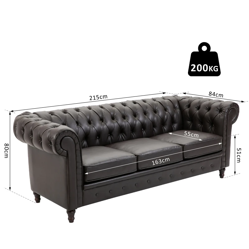 HOMCOM Tufted PU Leather 3-Seater Sofa on Solid Wood Legs Dark Brown