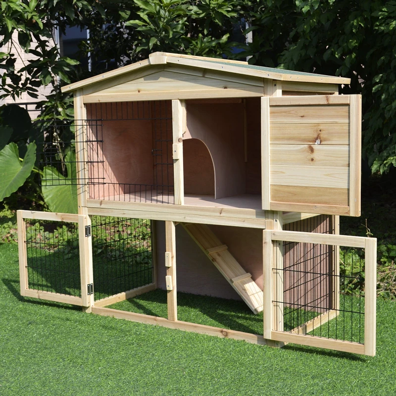 PawHut Rabbit Hutch, 98Lx54Wx100H cm, Fir Wood-Natural Wood Colour