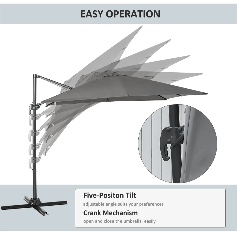 Outsunny 2.7 x 2.7 m Cantilever Parasol, Square Overhanging Umbrella with Cross Base, Crank Handle, Tilt, 360° Rotation and Aluminium Frame, Dark Grey