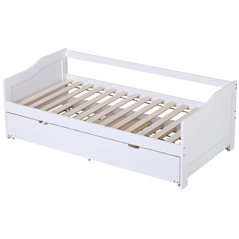HOMCOM Single Trundle Bed in Double Layer Frame w/ Underbed Storage Drawer White