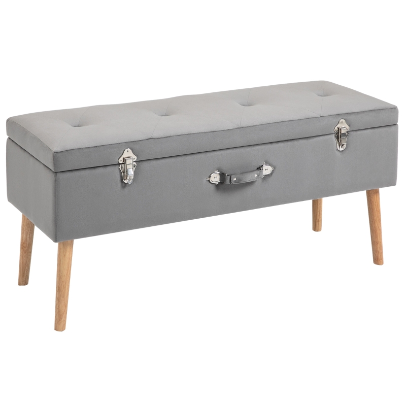 HOMCOM Faux Velvet Tufted Ottoman Trunk w/ Wooden Legs Grey