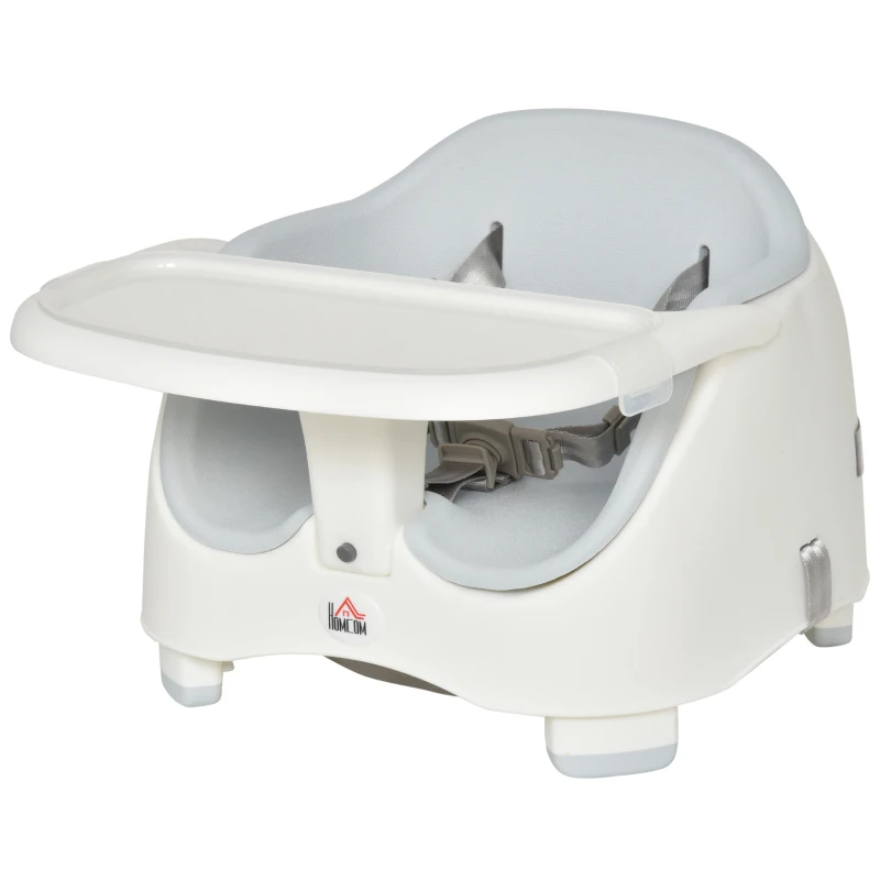 HOMCOM Baby Booster Seat for Dining Portable Toddler Feeding Chair  w/ 3 Point Harness Strap Height Adjustable Removable Cushion Detachable Tray Non-Slip Feet Grey