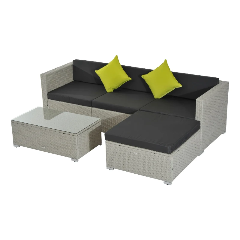 Outsunny 5 Piece Rattan Garden Furniture Set, Outdoor Corner Sofa with 67 cm Wide & Deep Seat, Sectional Outdoor Furniture Conversation Set with Cushions, Glass Top Coffee Table for Patio, Grey