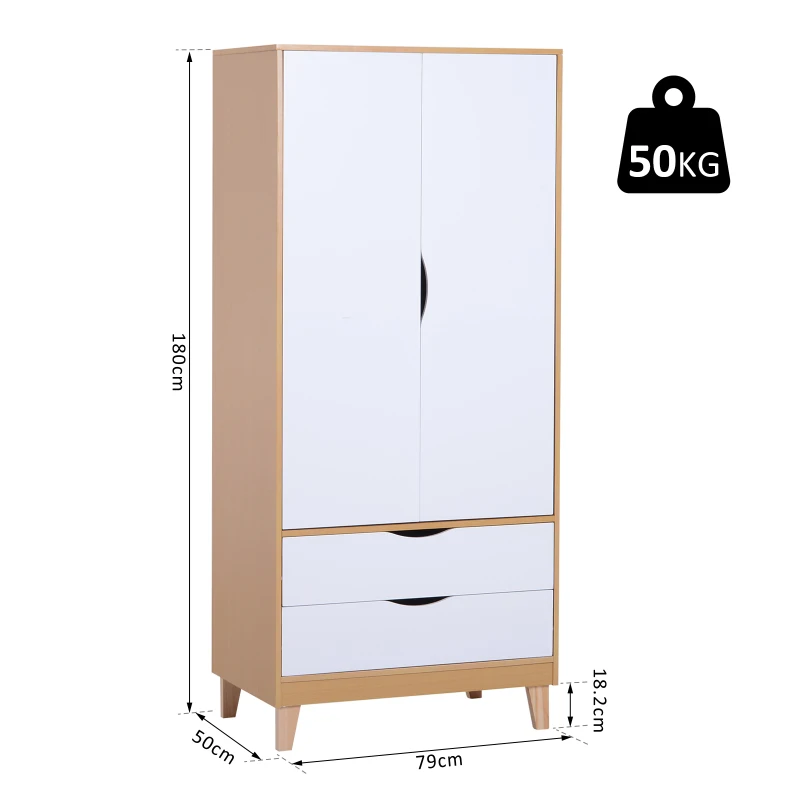 HOMCOM Scandinavian Style  Wardrobe W/2 Drawers, 79Lx50Dx180H cm-Natural Wood/White Colour