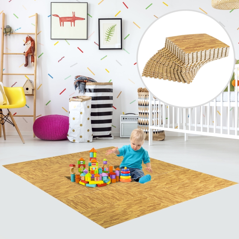 HOMCOM 30 Pcs Interlocking EVA Foam Floor Tiles-Light Wood Grain Colour