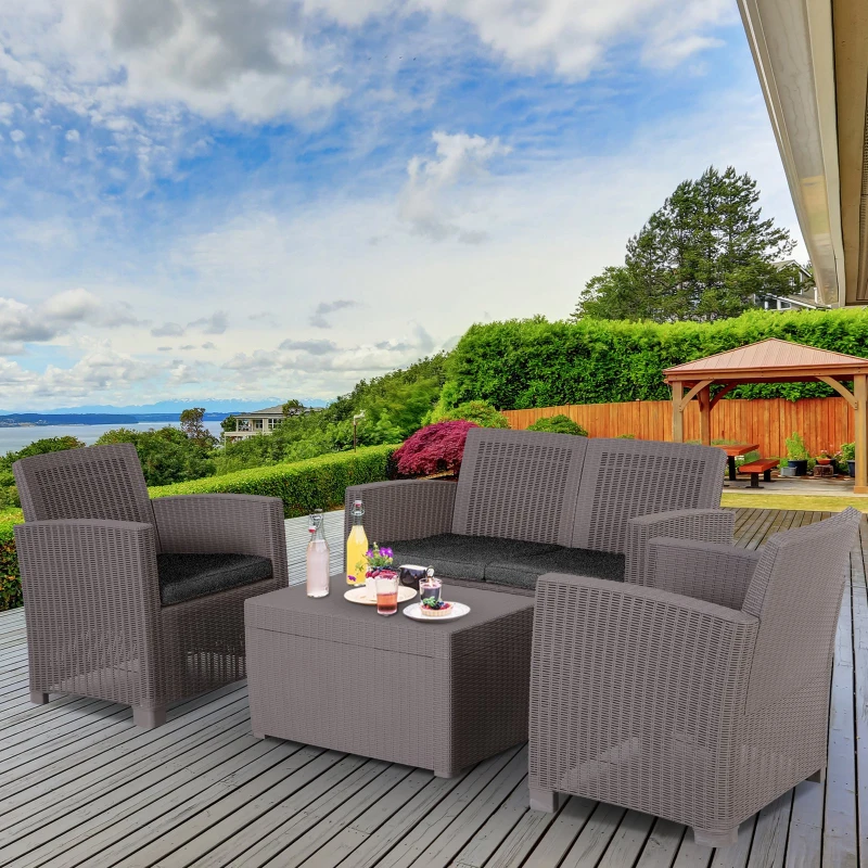 Outsunny Garden PP Rattan Style Sofa Table Set 4 Seater Outdoor Patio 2 Single Chairs & 1 Bench Conservatory Furniture Cushioned Grey