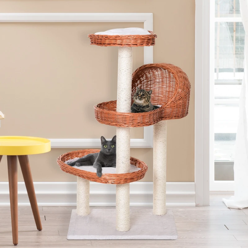PawHut 4 Tier Cat Tree for Indoor Cats Activity Center Willow Platforms Kitty Scratcher Play Tower Toy Condo 110 cm