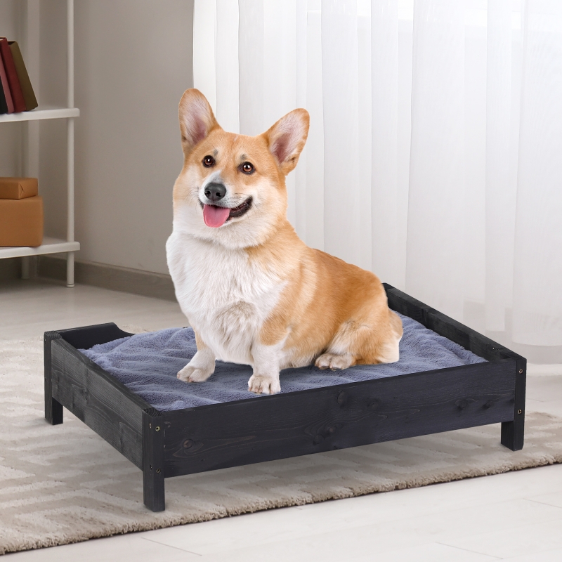 PawHut Elevated Pine Wood Frame Pet Bed w/ Fleece Cushion Black/Grey