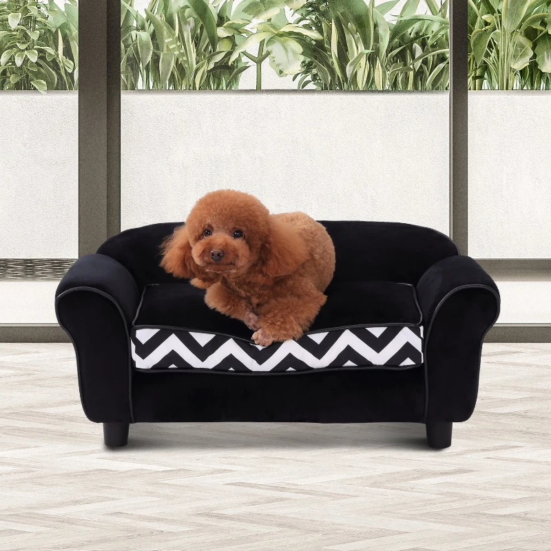 PawHut Dog Sofa Bed for XS-Sized Dogs, Cat Sofa with Soft Cushion, Pet Chair Lounge with Washable Cover, Removable Legs, Wooden Frame - Black