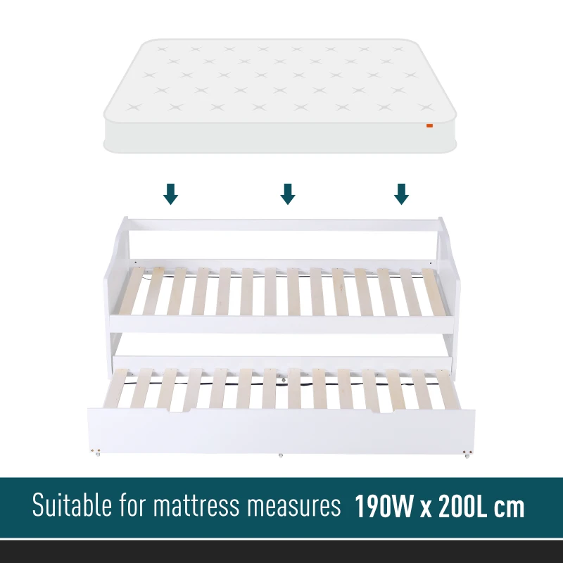 HOMCOM Single Trundle Bed in Double Layer Frame w/ Underbed Storage Drawer White